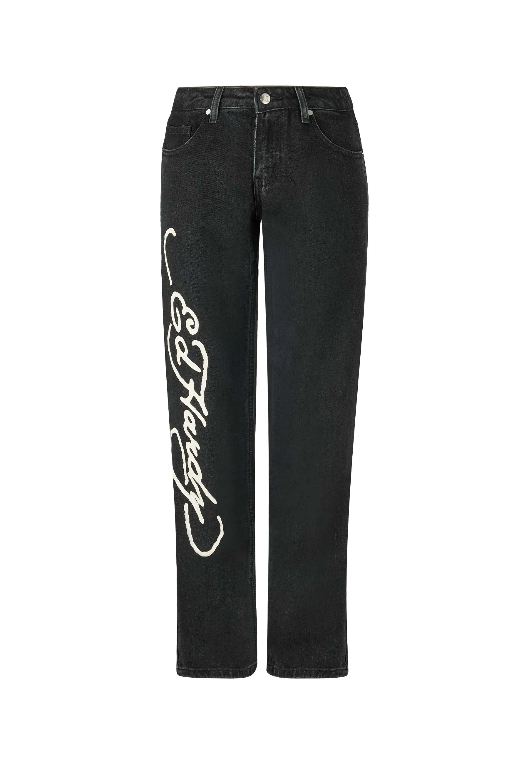 Womens Dragon Flame Straight Leg Denim Trousers Jeans - Black