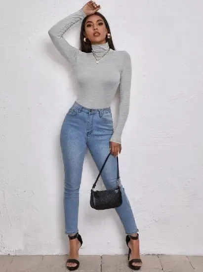 Women's Polo Roll Neck Long Sleeve Turtle Neck Jumper Top
