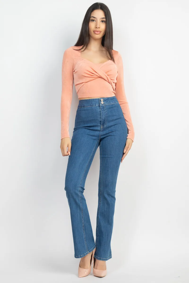 Women's Twisted Velvety Long Sleeve Crop Top