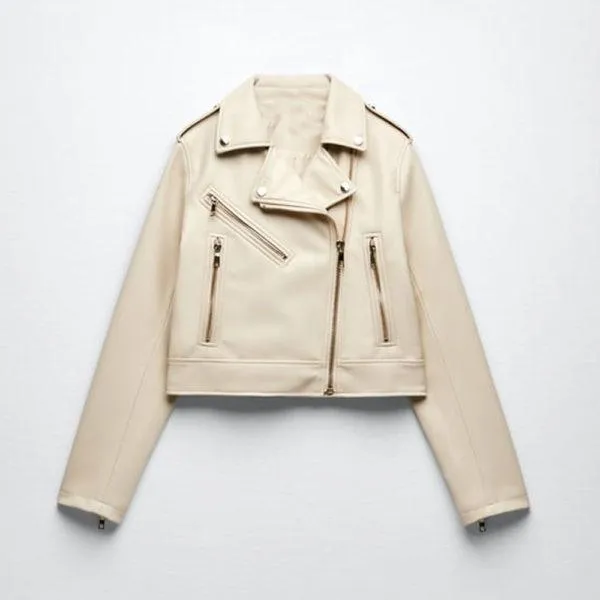 Women's White Sheepskin Motorcycle Leather Biker Jacket