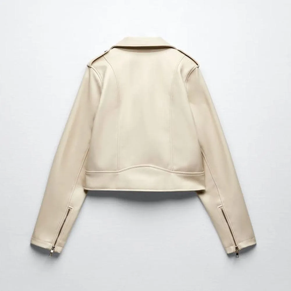 Women's White Sheepskin Motorcycle Leather Biker Jacket