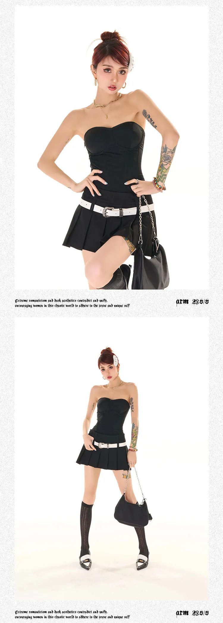 Zerocircle Solid Color Black Pink Sleeveless Bandeau Fishbone Corset Slim Top