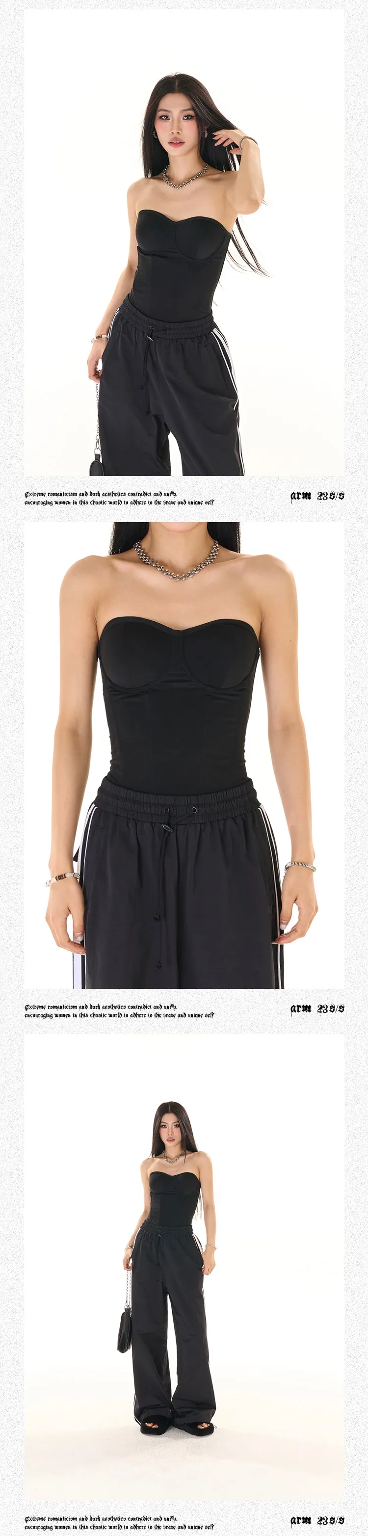 Zerocircle Solid Color Black Pink Sleeveless Bandeau Fishbone Corset Slim Top