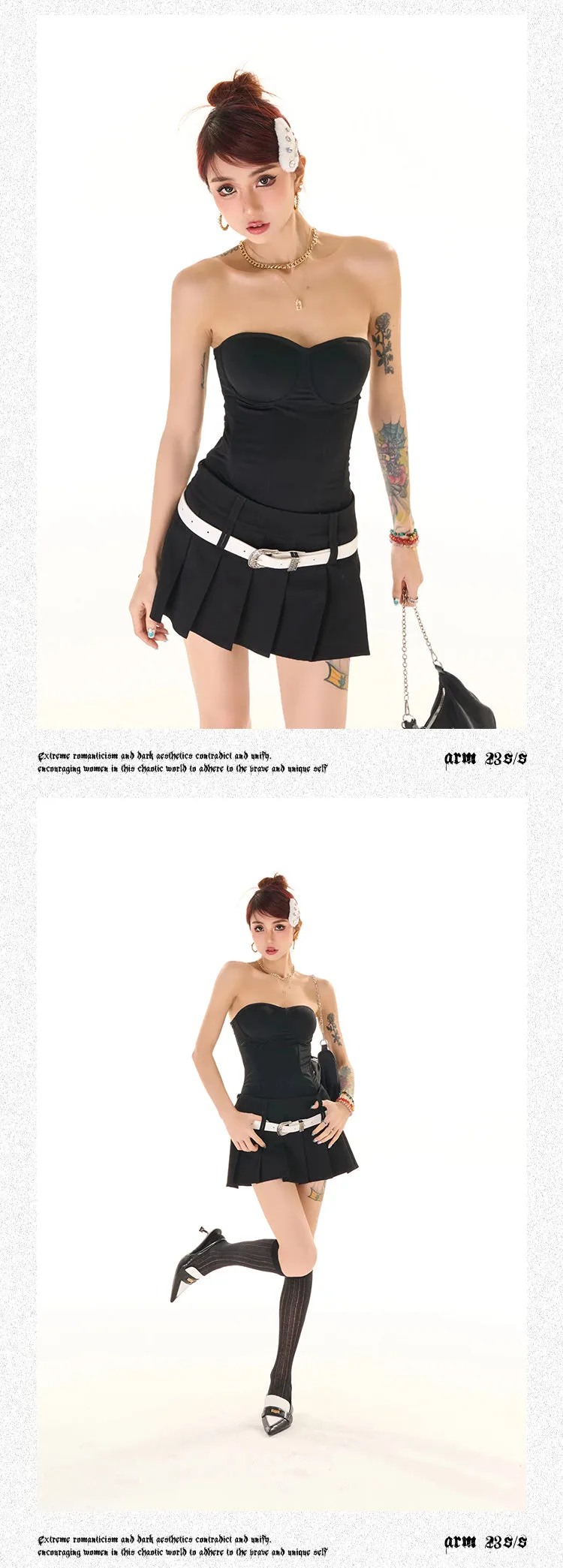Zerocircle Solid Color Black Pink Sleeveless Bandeau Fishbone Corset Slim Top