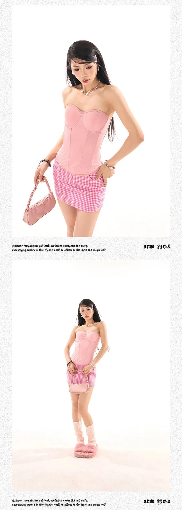 Zerocircle Solid Color Black Pink Sleeveless Bandeau Fishbone Corset Slim Top