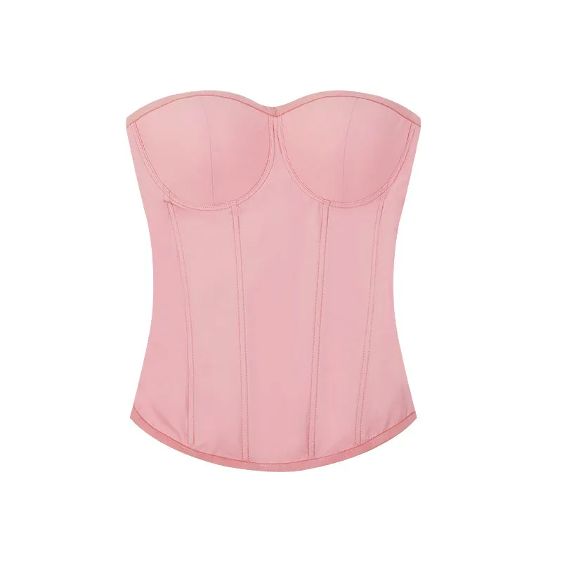 Zerocircle Solid Color Black Pink Sleeveless Bandeau Fishbone Corset Slim Top