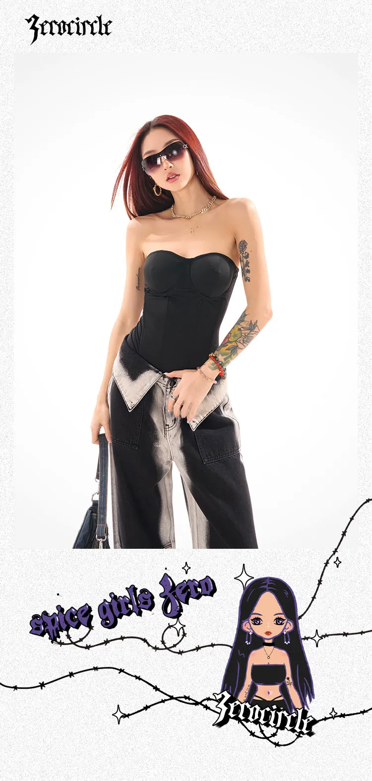 Zerocircle Solid Color Black Pink Sleeveless Bandeau Fishbone Corset Slim Top