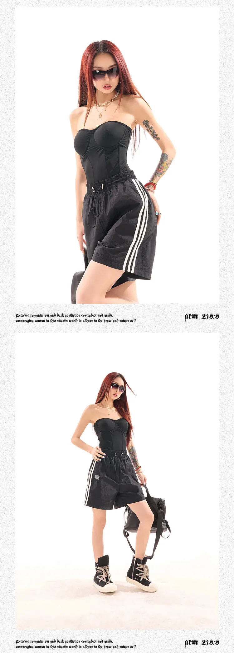 Zerocircle Solid Color Black Pink Sleeveless Bandeau Fishbone Corset Slim Top