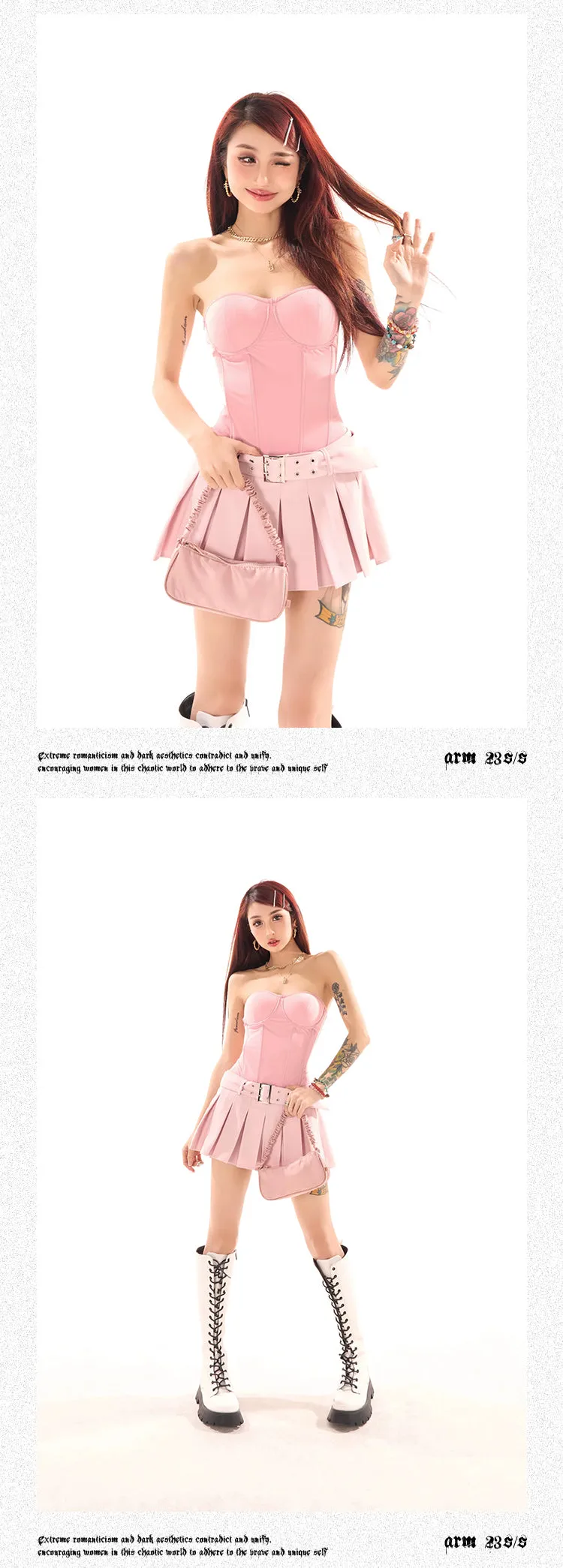 Zerocircle Solid Color Black Pink Sleeveless Bandeau Fishbone Corset Slim Top