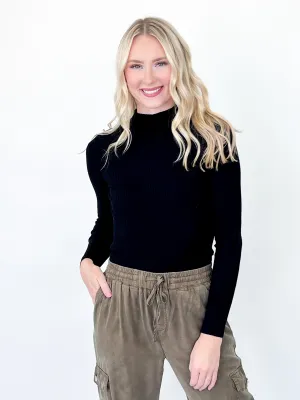 Zoe - Long Sleeve Ribbed Mock Neck Top (Black)